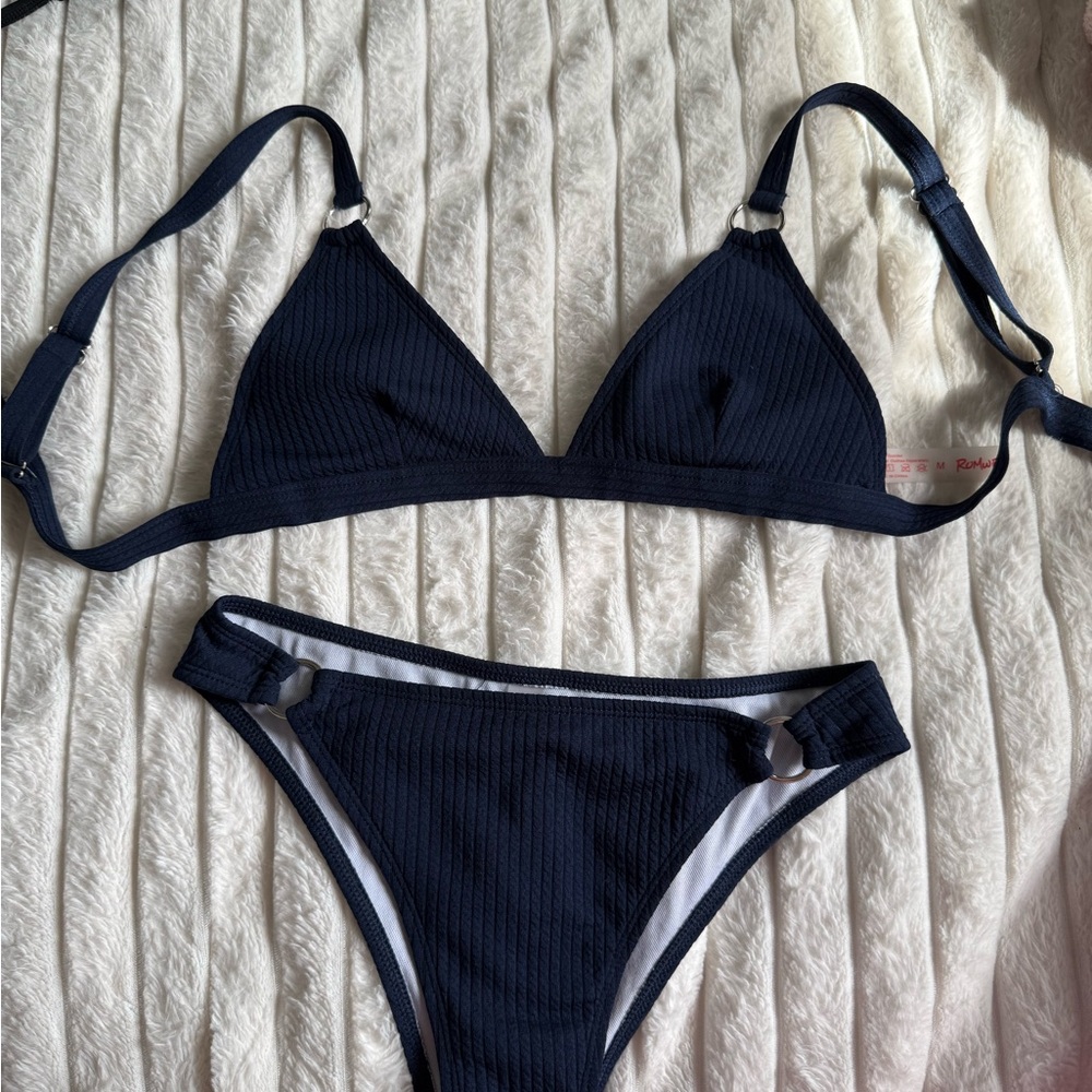 ROMWE Navy Ribbed Triangle Bikini Set